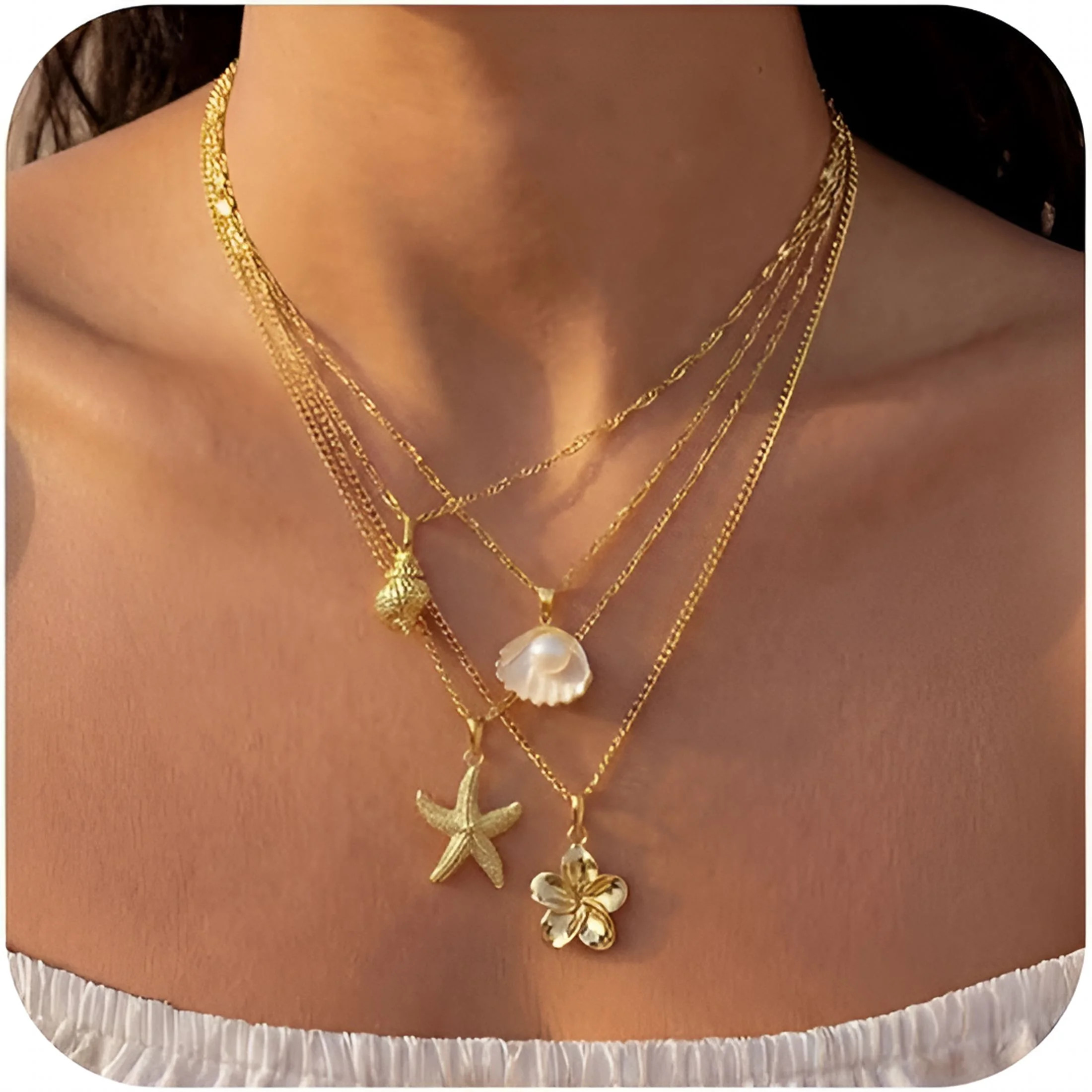 DESIGNICE Shell Starfish Necklace for Women,Gold Plated Boho Layered Pendant Necklace with Pearl ... | Walmart (US)