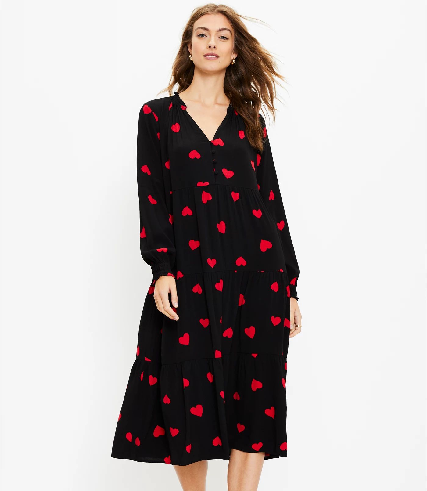 Tall Heart Tiered Button Midi Swing Dress | LOFT | LOFT