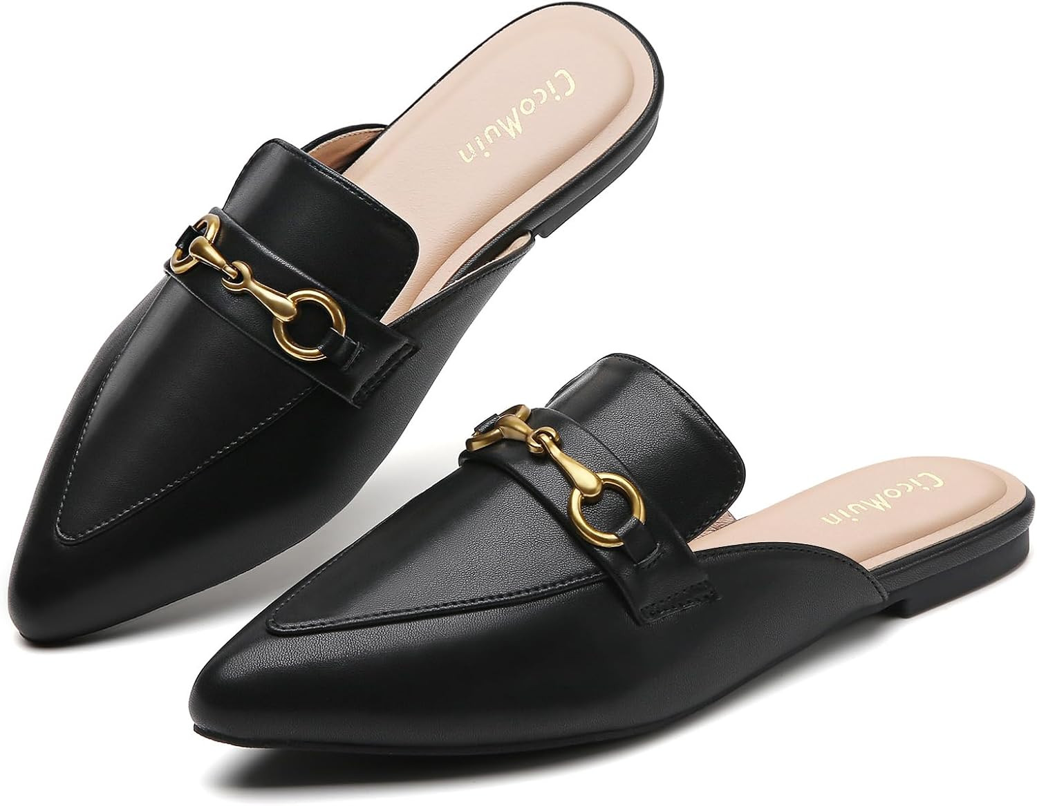 Buckle Mules for Women Pointed Toe Backless Flat Mules Slip on Slides Loafer Shoes | Amazon (US)
