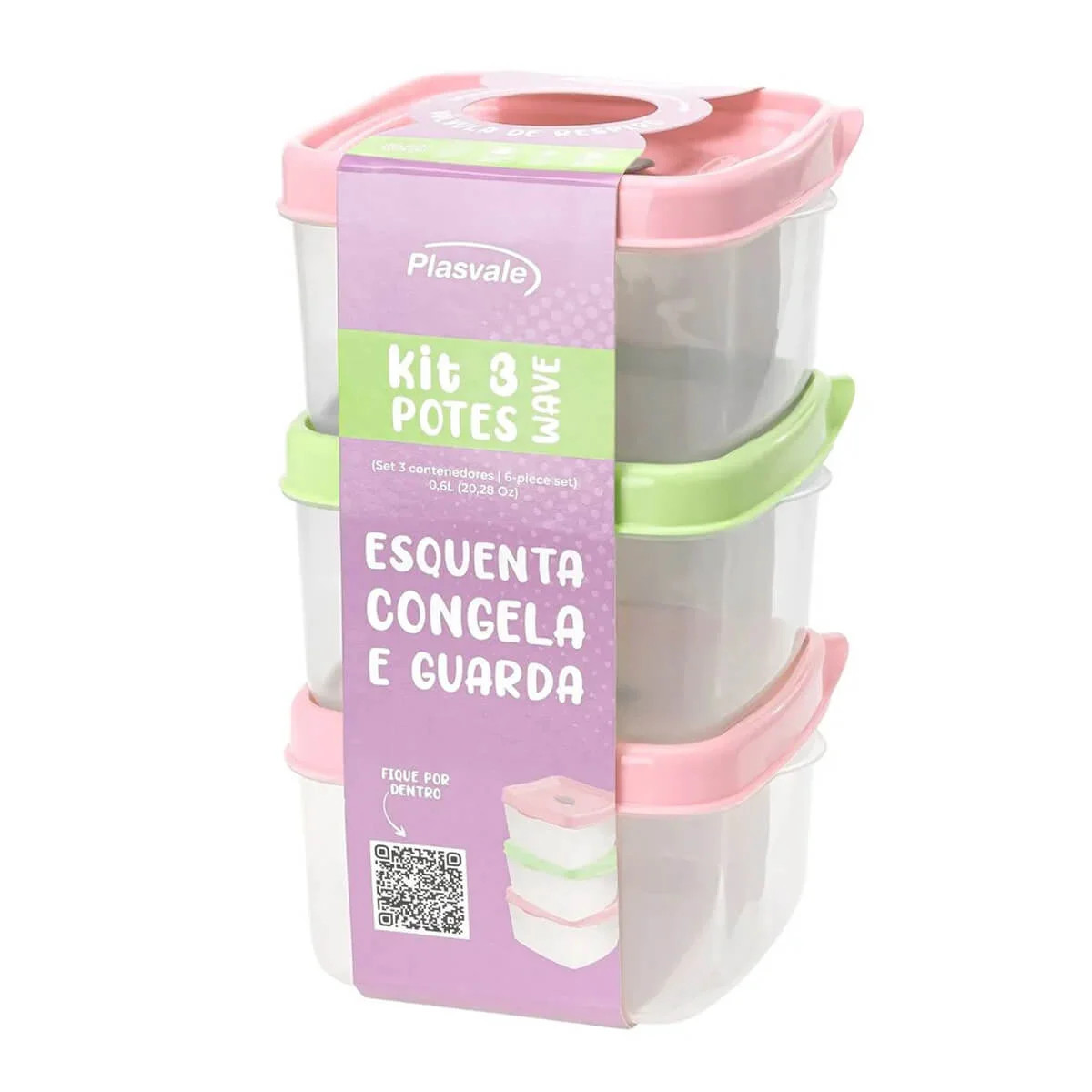 Conjunto 3 Potes de Plástico com Tampa 0,6L Plasvale para Lanche Marmita Frutas Sortido - Camica... | Camicado (BR)