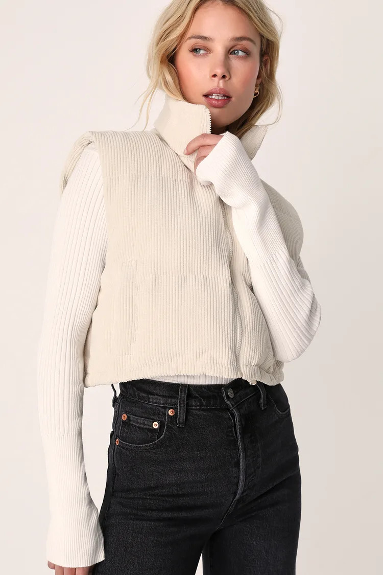 Cloud Nine Cutie Ivory Cropped Corduroy Puffer Vest | Lulus