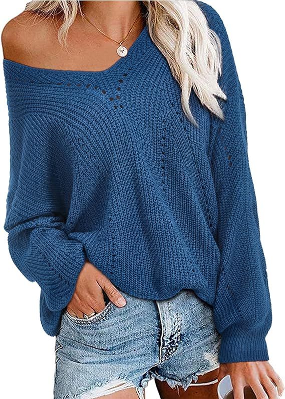 Newshows Women Off Shoulder Long Sleeve V Neck Pullover Sweater Loose Ribbed Knit Solid Sweater T... | Amazon (US)