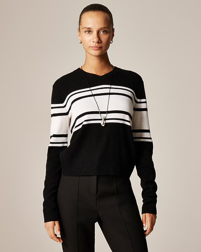 Cashmere high V-neck sweater in stripe | J. Crew US