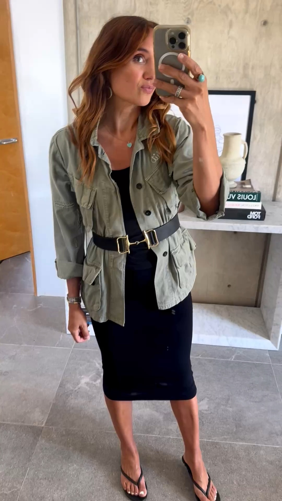 Anine bing jacket 
Pencil skirt 
Blow the belt 
Beek sandals