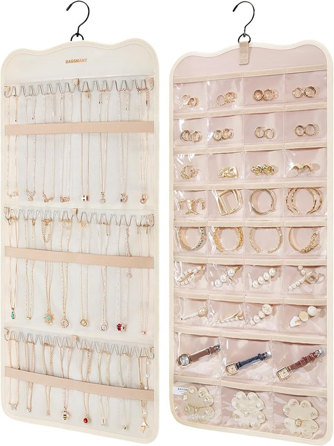 BAGSMART Hanging Jewelry Organizer Storage with Hanger Metal Hooks Double-Sided Jewelry Holder fo... | Amazon (US)