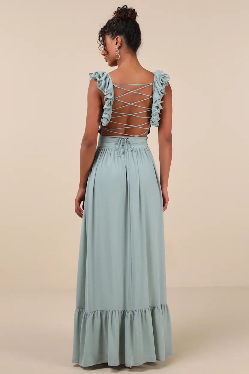 Soiree Celebration Light Blue Floral Ruffled Lace-Up Maxi Dress | Lulus