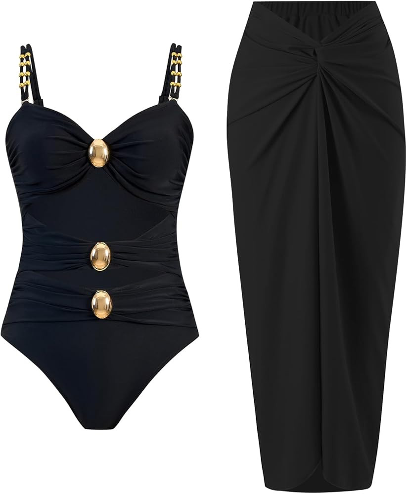 Women's One Piece Swimsuit with Cover up Set Beach Wrap Skirt Retro Bikini Set Two Piece Bathing ... | Amazon (US)