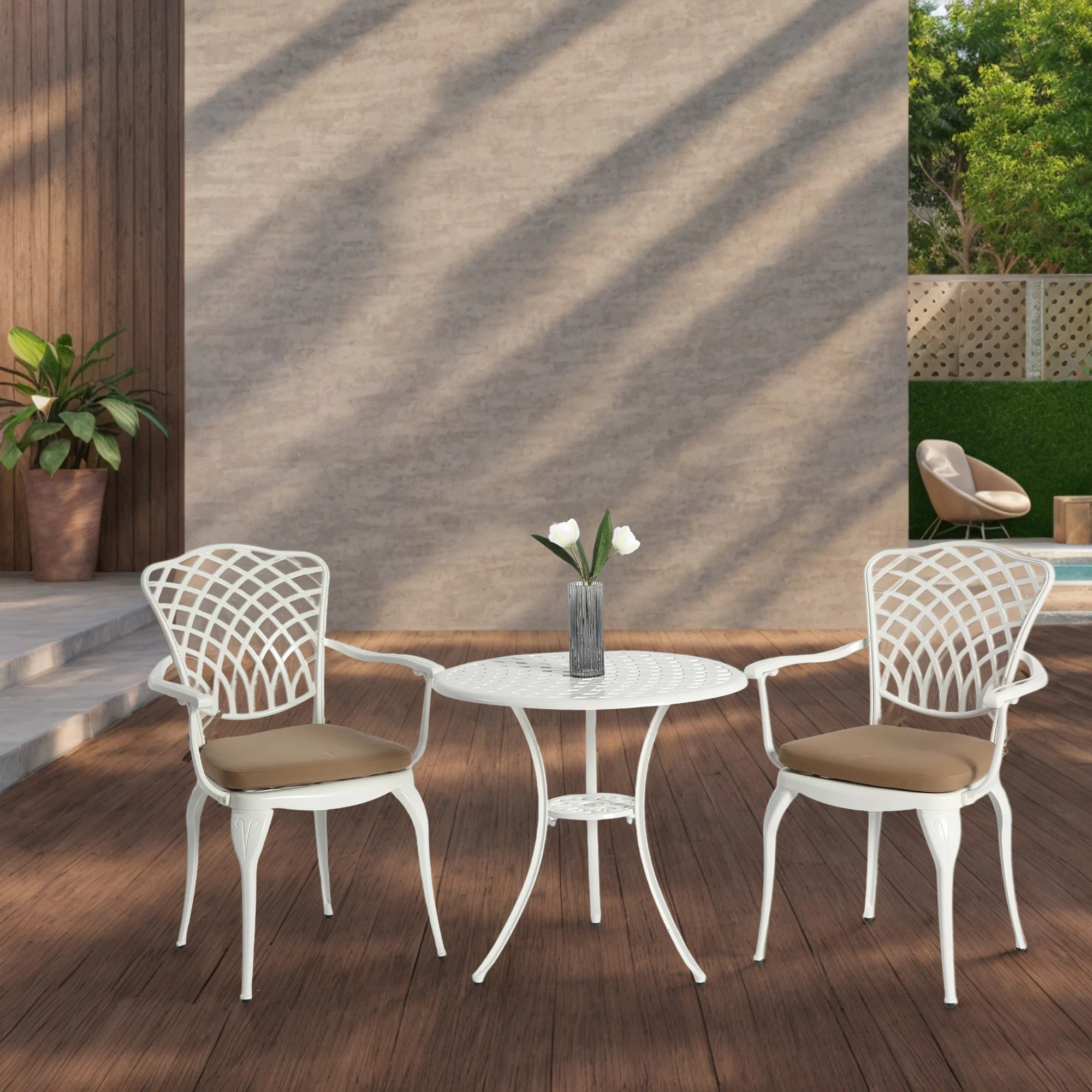 Blisstyle 3 Piece Patio Bistro Set Cast Aluminum Bistro Table and Chairs Set of 2 with Umbrella Hole All Weather Metal Bistro Table Set Outdoor Patio | Lowe's