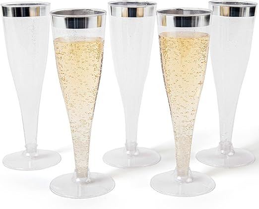 Prestee 24 Plastic Champagne Flutes Disposable, Silver Glitter Plastic Champagne Glasses for Part... | Amazon (US)