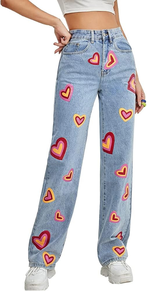 Women Patchwork Jeans High Waisted Straight Leg Stretch Denim Pants Girls Fashion Color Block Pat... | Amazon (US)