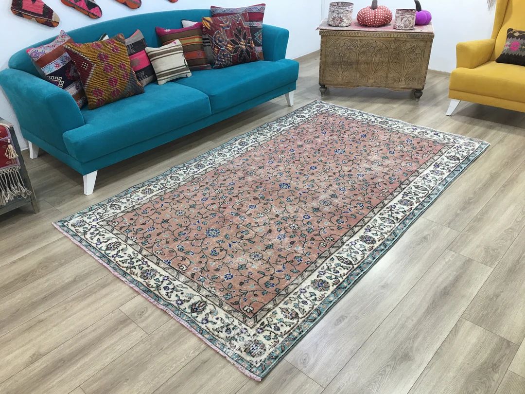 Pink turkish rug, Oushak rug, Vintage area rug, Floral rug, Living room rug, Wool rug, Carpet rug... | Etsy (US)