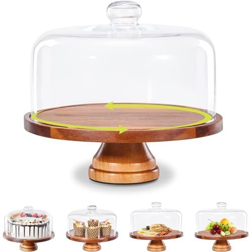 Yangbaga Glass Cake Stand with Lid,11in Wooden Rotating Cake Stand with Dome Cover, Cake Plate Display Server Tray for Birthday Kitchen Party | Amazon (US)