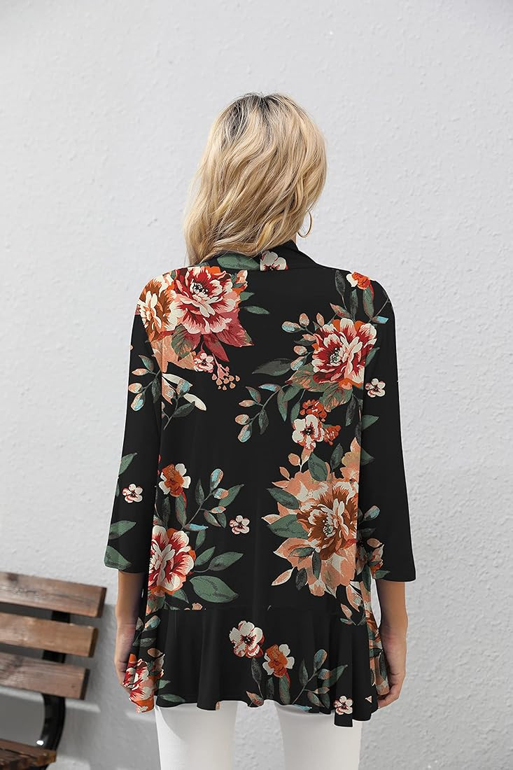 HIYIYEZI Women's Casual Lightweight Open Front Cardigans Soft Draped Ruffles 3/4 Sleeve Cardigan | Amazon (US)