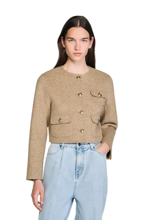 SANDRO Cropped button-down jacket in Beige at Nordstrom, Size 36 Eu | Nordstrom