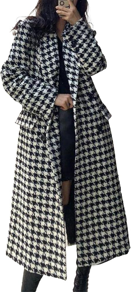 SOMTHRON Houndstooth Trench Coat Long Jacket Overcoat Pea Coat | Amazon (US)