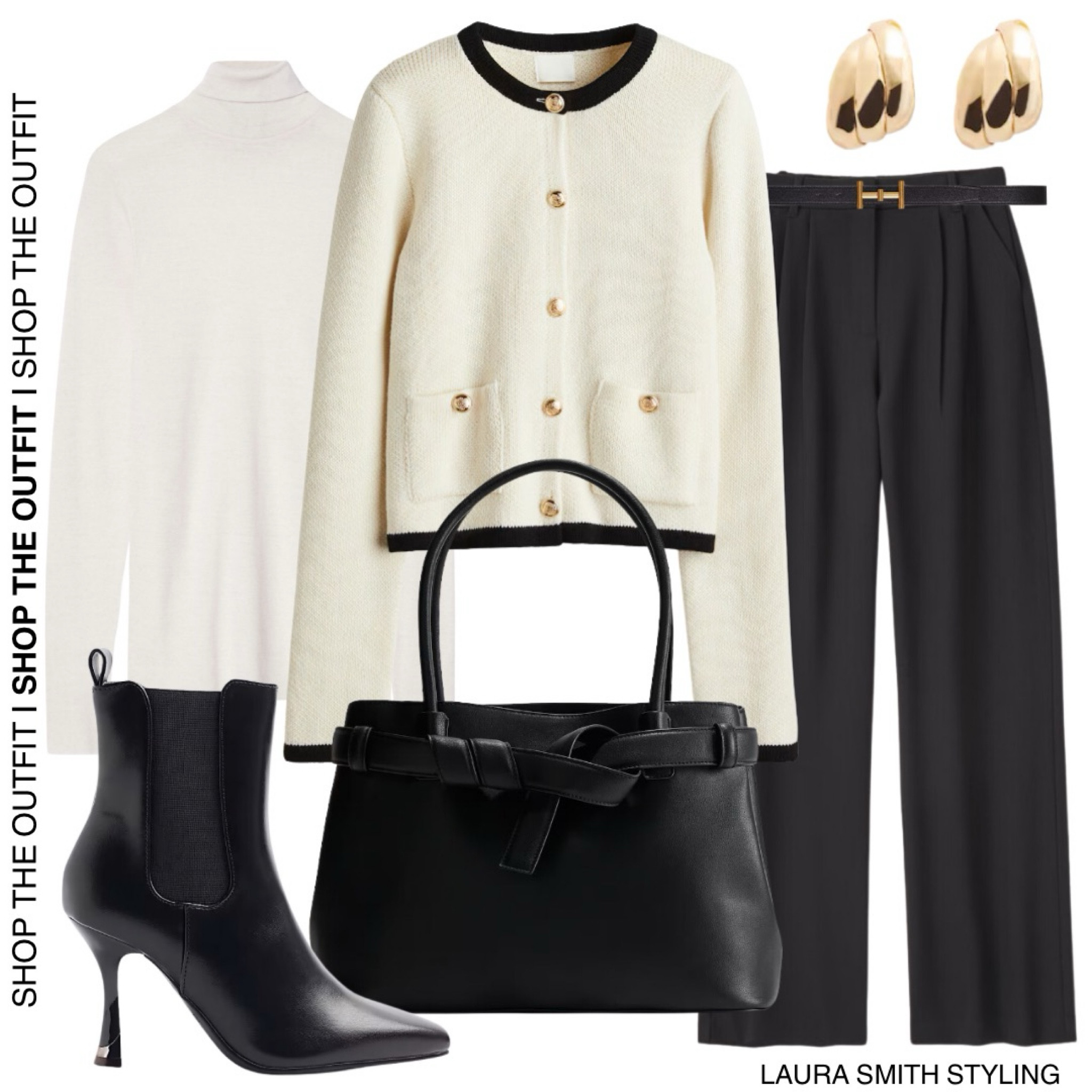 A workwear outfit with nods to the 80s - Chanel inspired cardigan, bold gold earrings and turtleneck top. 

Including cream cardigan, white turtleneck top, black tailored trousers,  black belt, gold earrings, black tote handbag, black heeled boots  

#LTKwinter #LTKstyletip #LTKuk