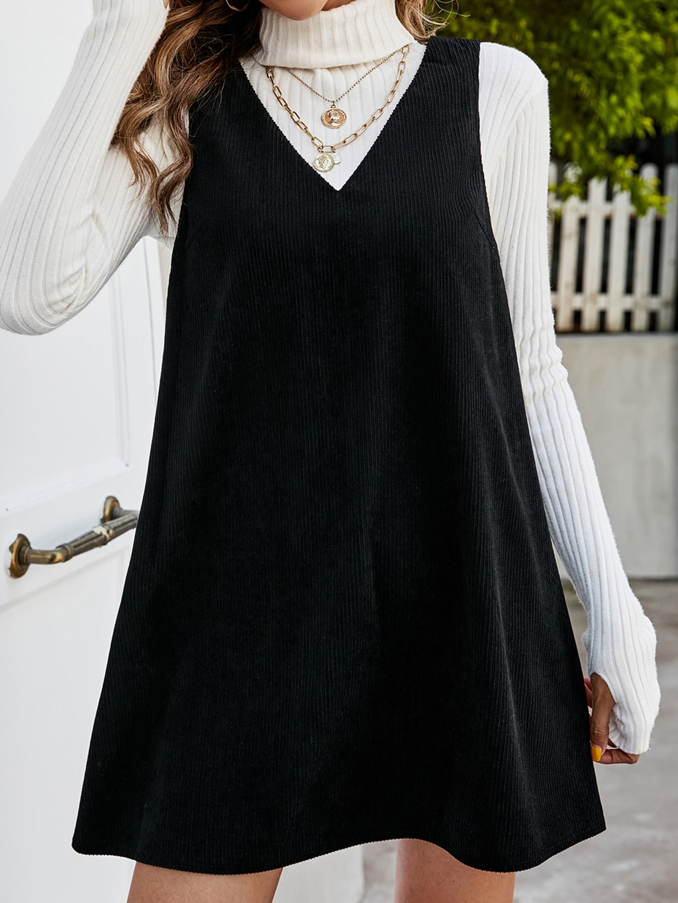 SHEIN Frenchy Solid V Neck Corduroy Dress Without Sweater | SHEIN