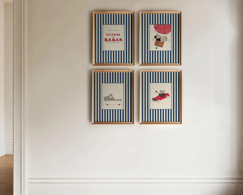 Babar Nursery Art Prints DIGITAL DOWNLOADS, Set of 4 Navy Blue Stripes and Red Accents Boys Room ... | Etsy (US)