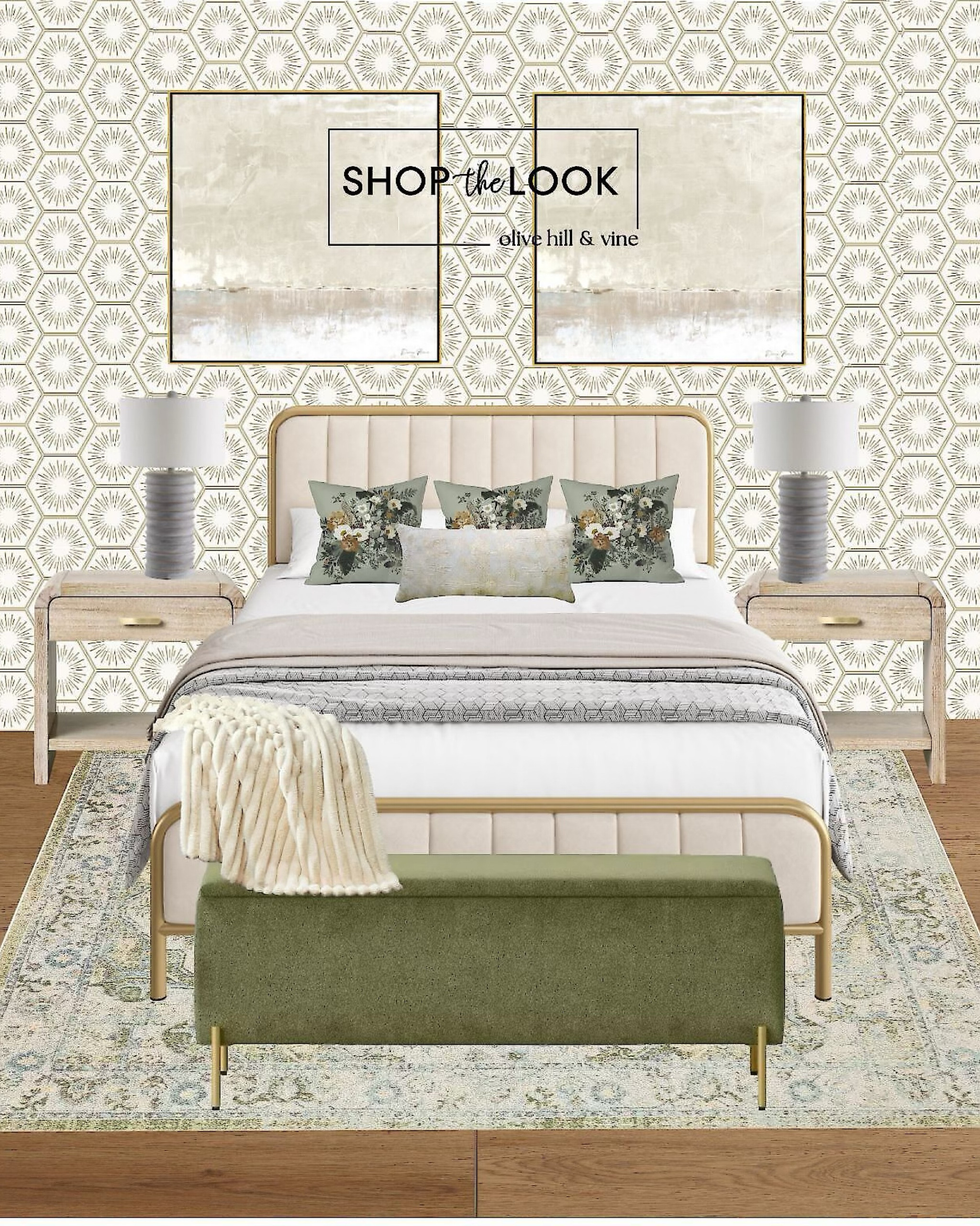 Bring warmth and serenity into your bedroom with soothing ivory and honey tones, accented by pops of green. A velvet bed with gold framing and a vintage blue-green medallion rug complement honeycomb wallpaper, arched nightstands, and floral pillows for a chic yet relaxed look. 

#LTKHome #LTKStyleTip #LTKFamily