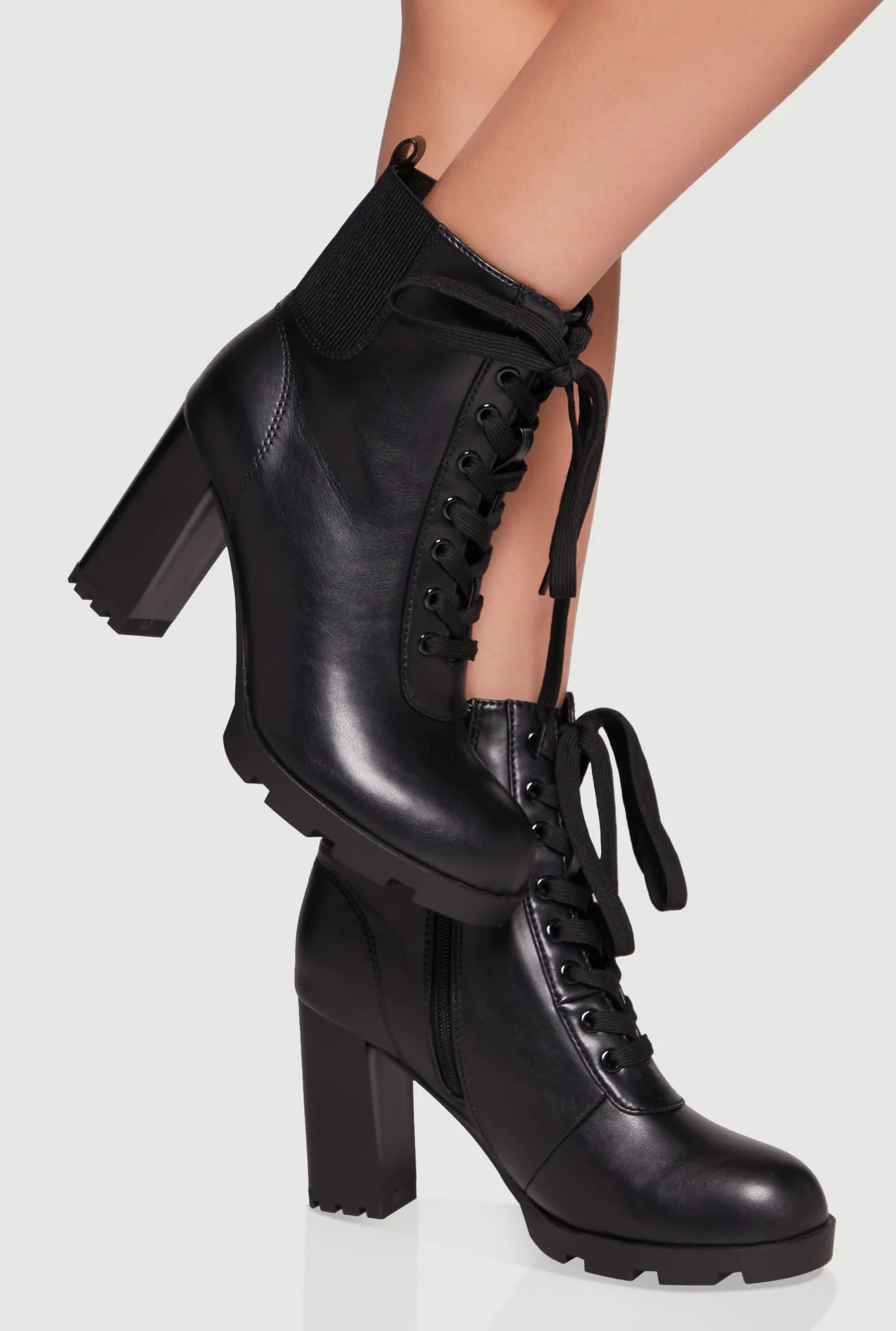Side Zip Lace Up Block Heel Combat Boots | Rainbow Shops