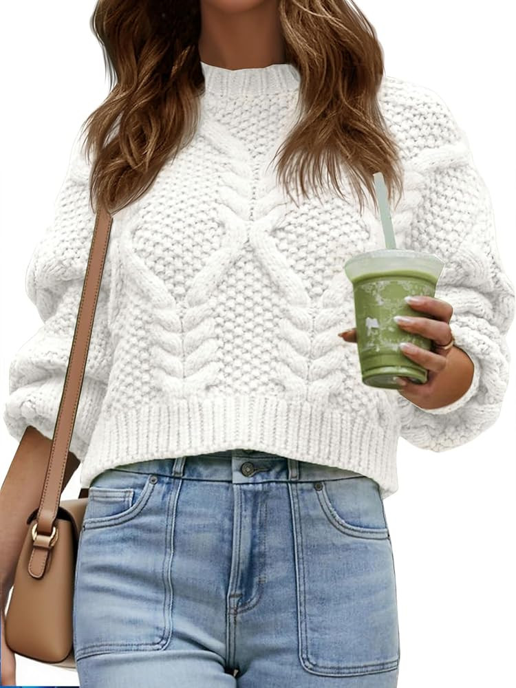 Saodimallsu Womens Cable Knit Cropped Sweater Fall Chunky Puff Long Sleeve Crewneck Loose Casual ... | Amazon (US)