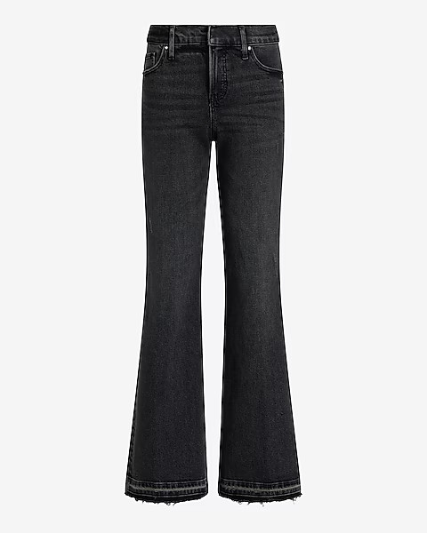 Mid Rise Black Raw Drop Hem '70s Flare Jeans | Express