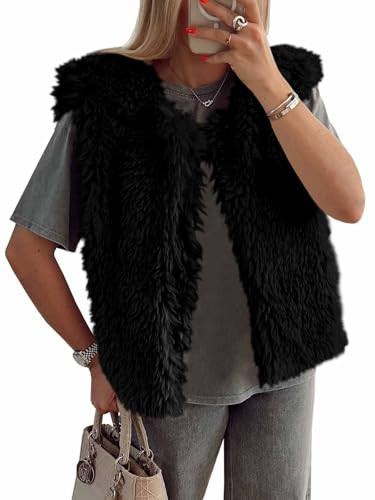Tankaneo Womens Faux Fur Vest Cropped Sleeveless Warm Winter Shaggy Open Front Outerwear Vest | Amazon (US)