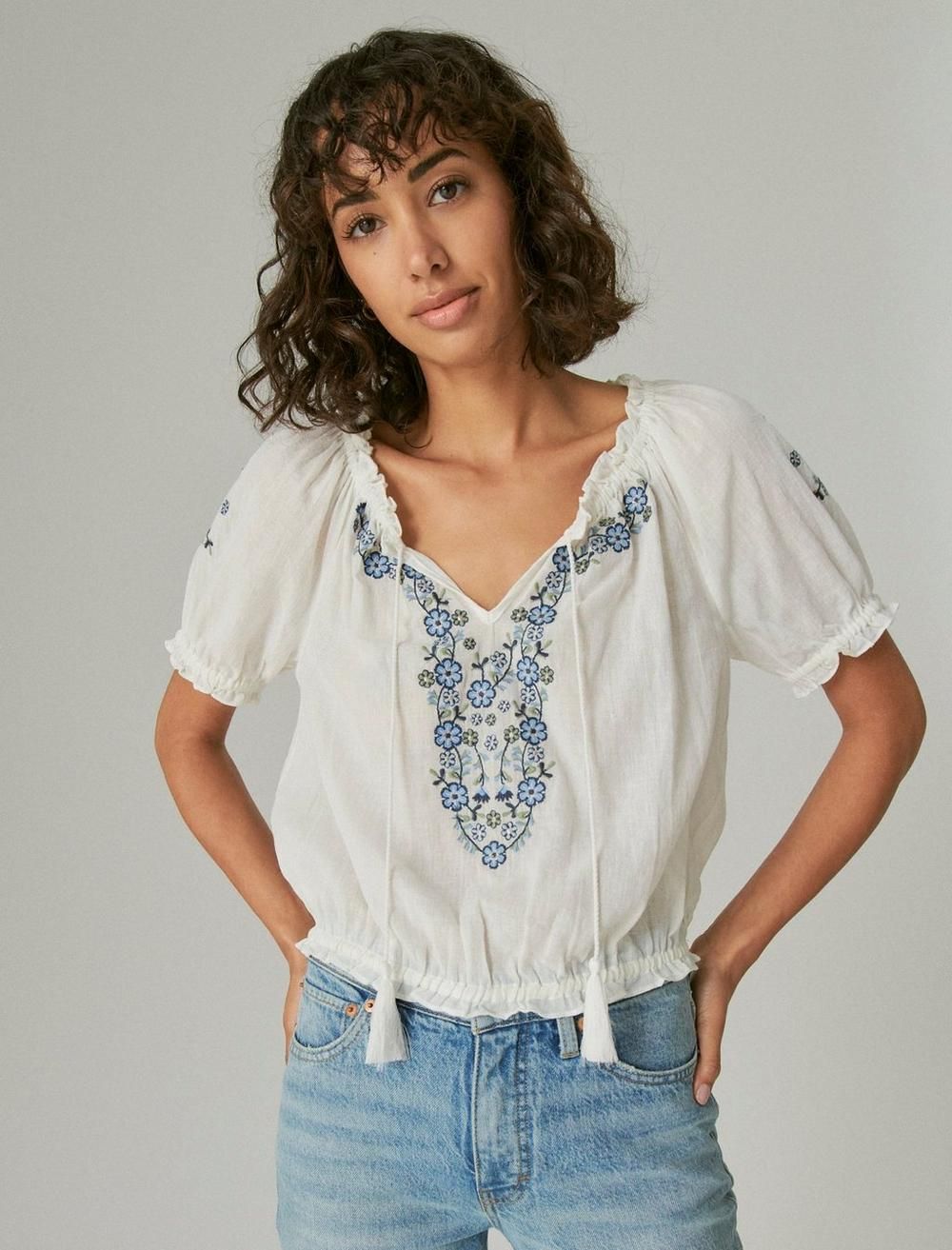 embroidered short sleeve peasant | Lucky Brand