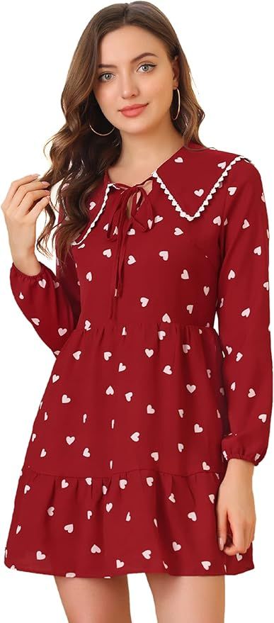 Allegra K Women's Valentine's Day Heart Pattern Doll Collar Lace Decor Long Sleeve Tiered Dress | Amazon (US)