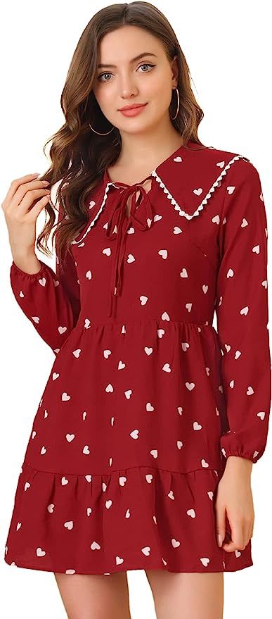 Allegra K Women's Valentine's Day Heart Pattern Doll Collar Lace Decor Long Sleeve Tiered Dress | Amazon (US)