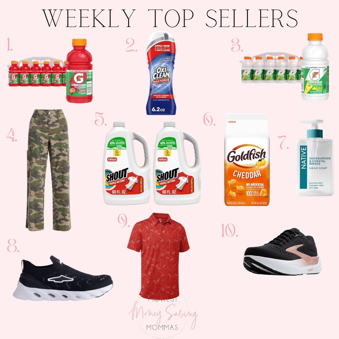 This weeks top sellers

Gatorade drinks snacks shoes sneakers cleaning supplies camo pants cargo pants golf shirts

#LTKgrwm #LTKootd #LTKmomlife