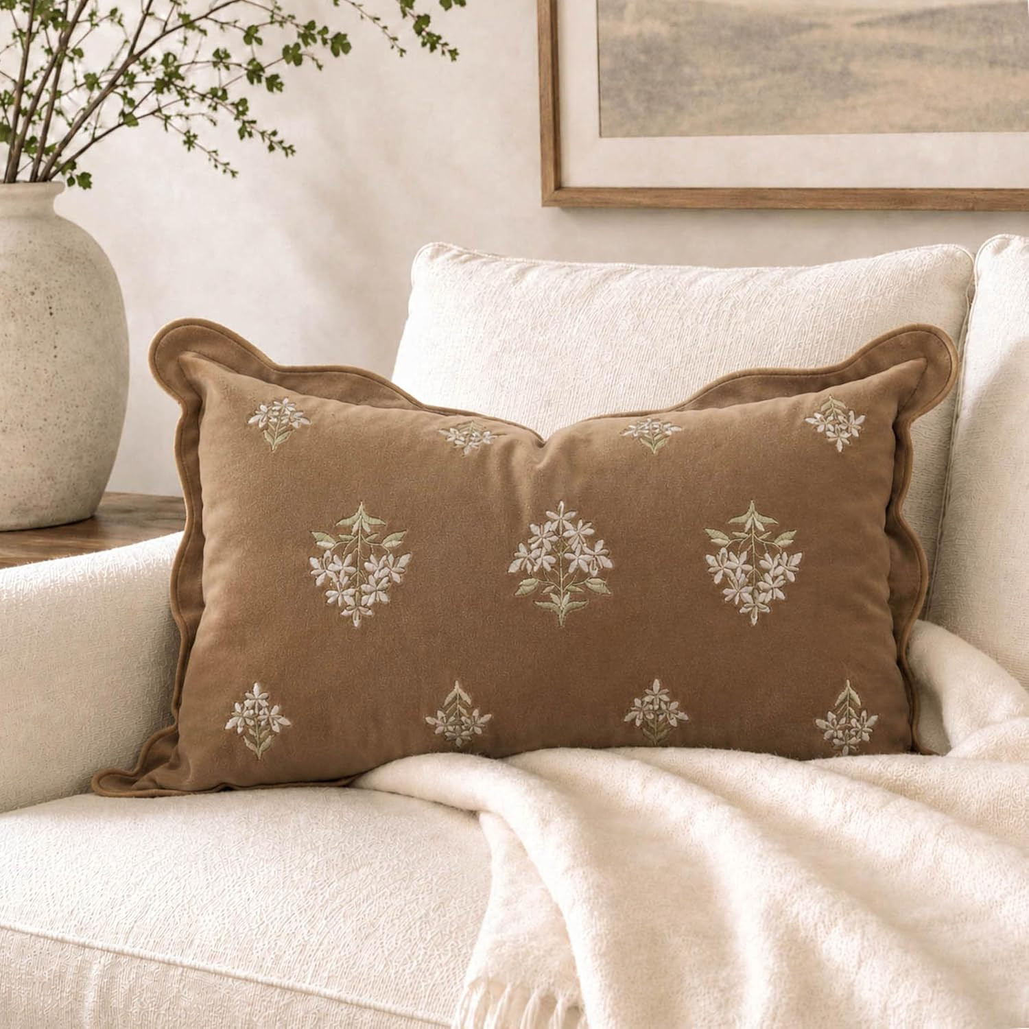 BlissBlush Lumbar Pillow Cover 12x20, Brown Velvet Decorative Lumbar Pillow Cover, Floral Accent Cushion Cover with Embroidery and Scalloped Edge for Couch Sofa Bed, Cover ONLY | Amazon (US)