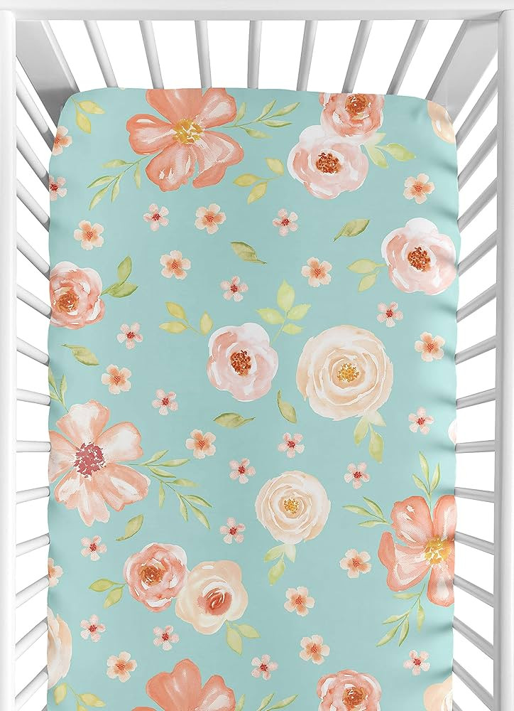 Sweet Jojo Designs Turquoise and Peach Baby or Toddler Fitted Crib Sheet for Watercolor Floral Co... | Amazon (US)