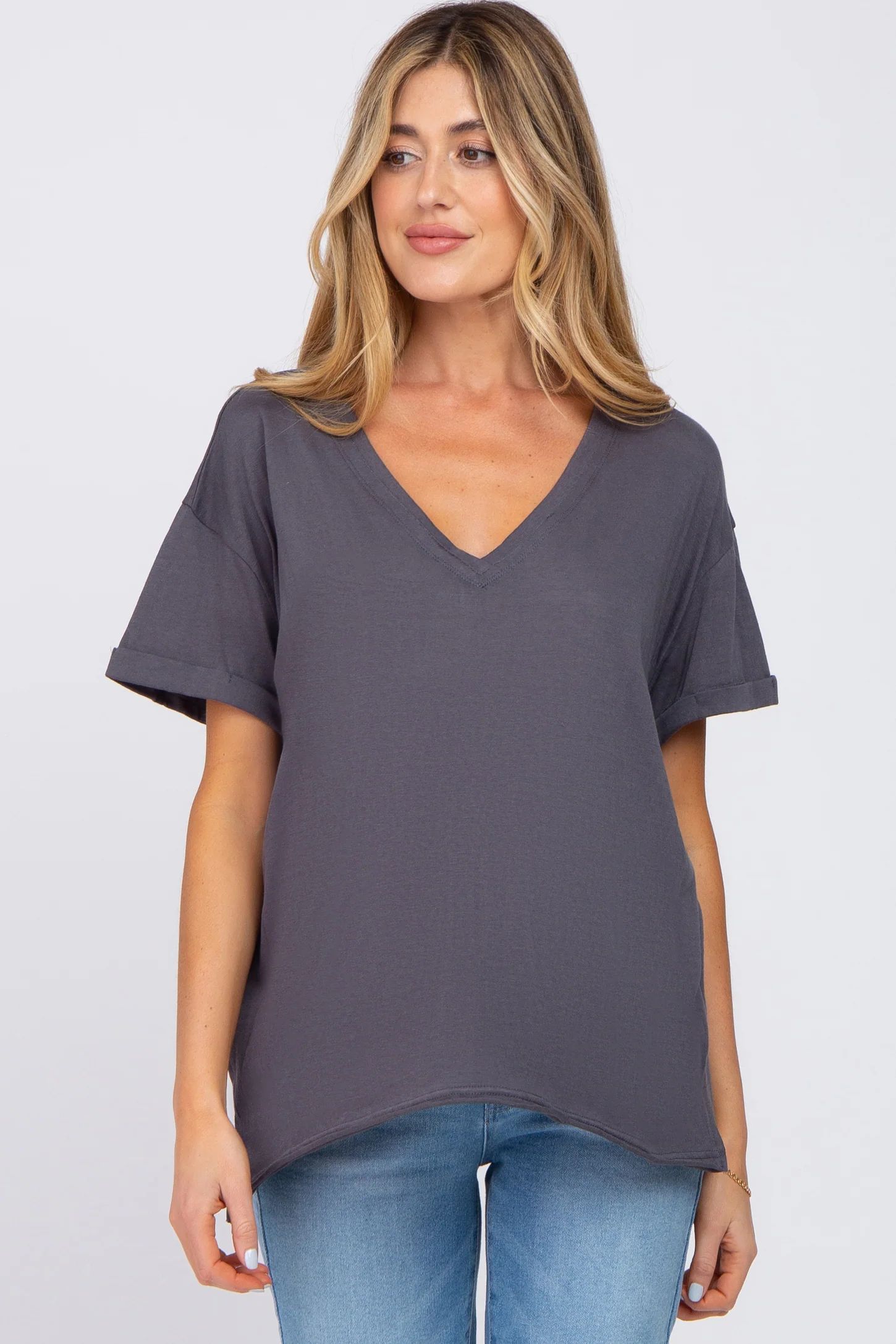 Charcoal Basic Rolled Short Sleeve Maternity Top | PinkBlush Maternity