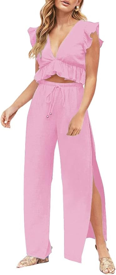 FANCYINN Womens 2 Pieces Outfits Deep V Neck Crop Top Side Slit Drawstring Wide Leg Pants Set Jum... | Amazon (US)