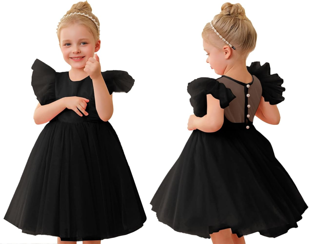 AGQT Flower Girl Dress V-Back Ruffle Sleeve Dresses Girls Tulle Dress for Wedding First Communion... | Amazon (US)