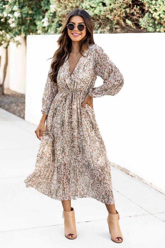 This Is Your Moment Beige Floral Midi Dress | Pink Lily