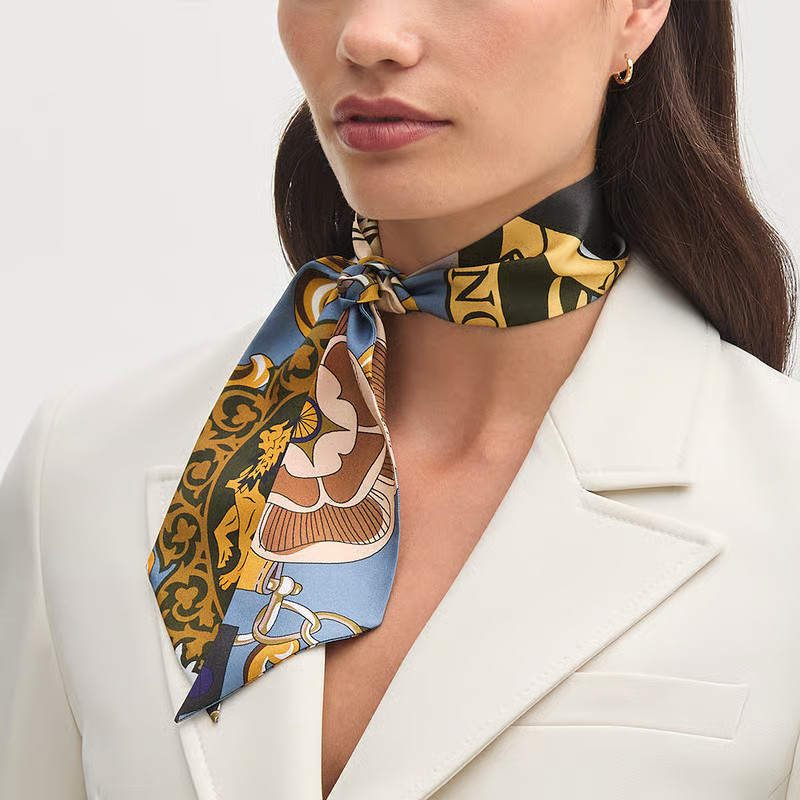 Aspinal of London Skinny Silk Scarf in Heritage Blue Signature Shield Pure Silk | Aspinal of London US