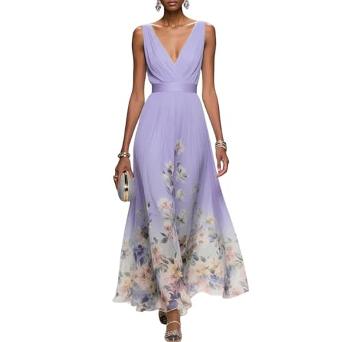 Amazon.com: Light Blue Floral Chiffon Halter Sleeveless Maxi Dress Spring Wedding Dresses for Wom... | Amazon (US)