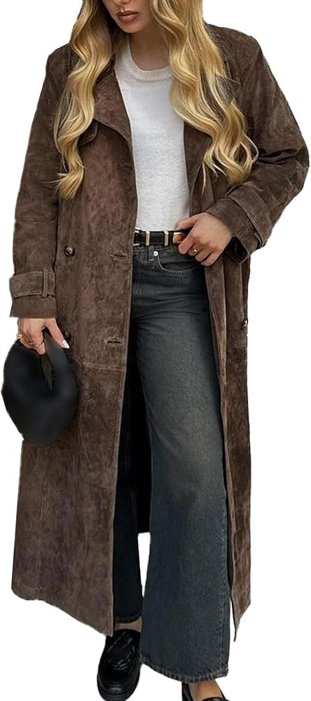 SOMTHRON Women's Faux Suede Long Trench Coat Notched Lapel Double Breasted Jacket Pea Coat Overco... | Amazon (US)