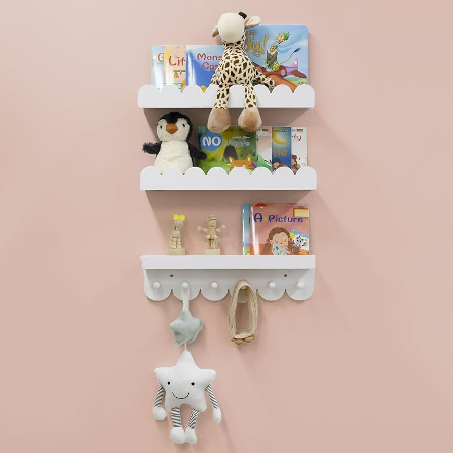 Wall Book Shelves for Bedroom Kids with Hooks - Scalloped Shelves for Nursery Set of 3, Nursery B... | Amazon (US)