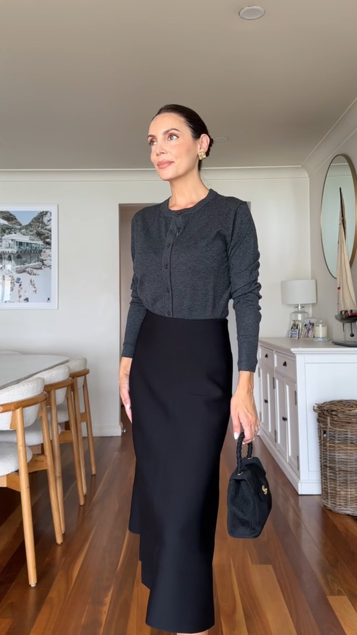 Grey charcoal cardigan with black midi skirt for the office corporate 

#LTKaustralia #LTKworkwear