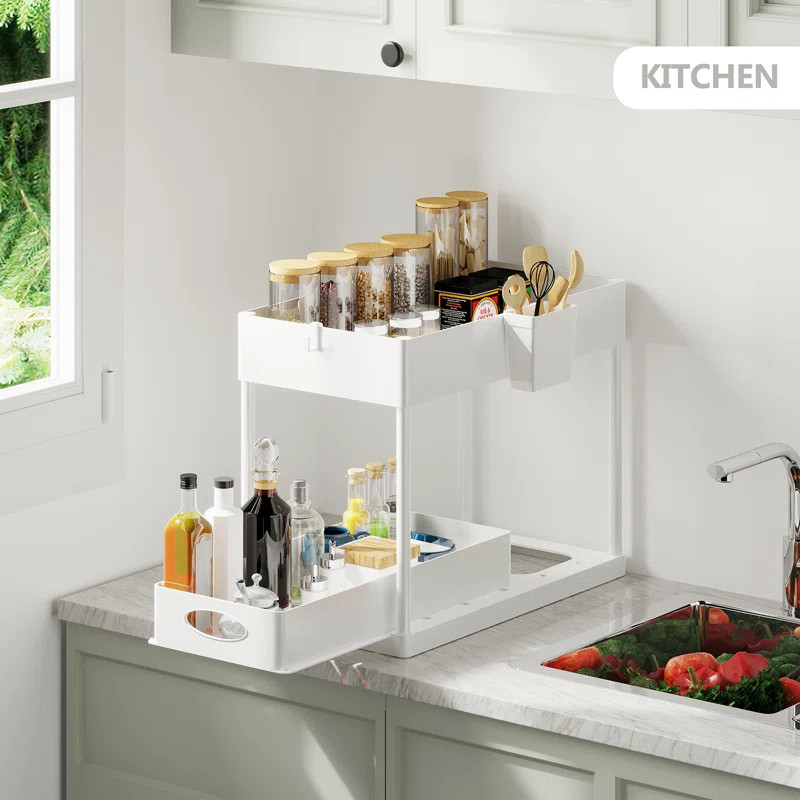 StorageBud 2 Tier Non-Slip Grip Kitchen Under Sink Organizer with Side Caddy & Sliding Drawer | Wayfair North America