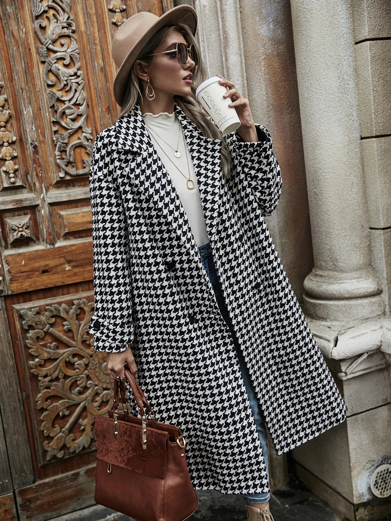 Lapel Collar Houndstooth Pea Coat | SHEIN