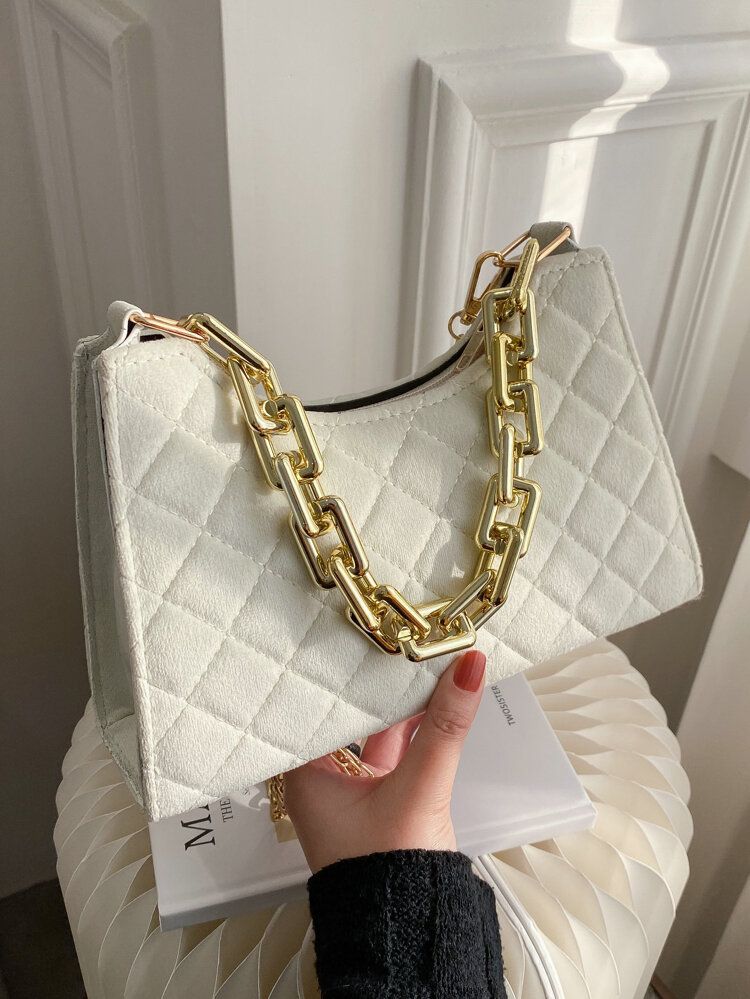 Quilted Velvet Chain Baguette Bag | SHEIN