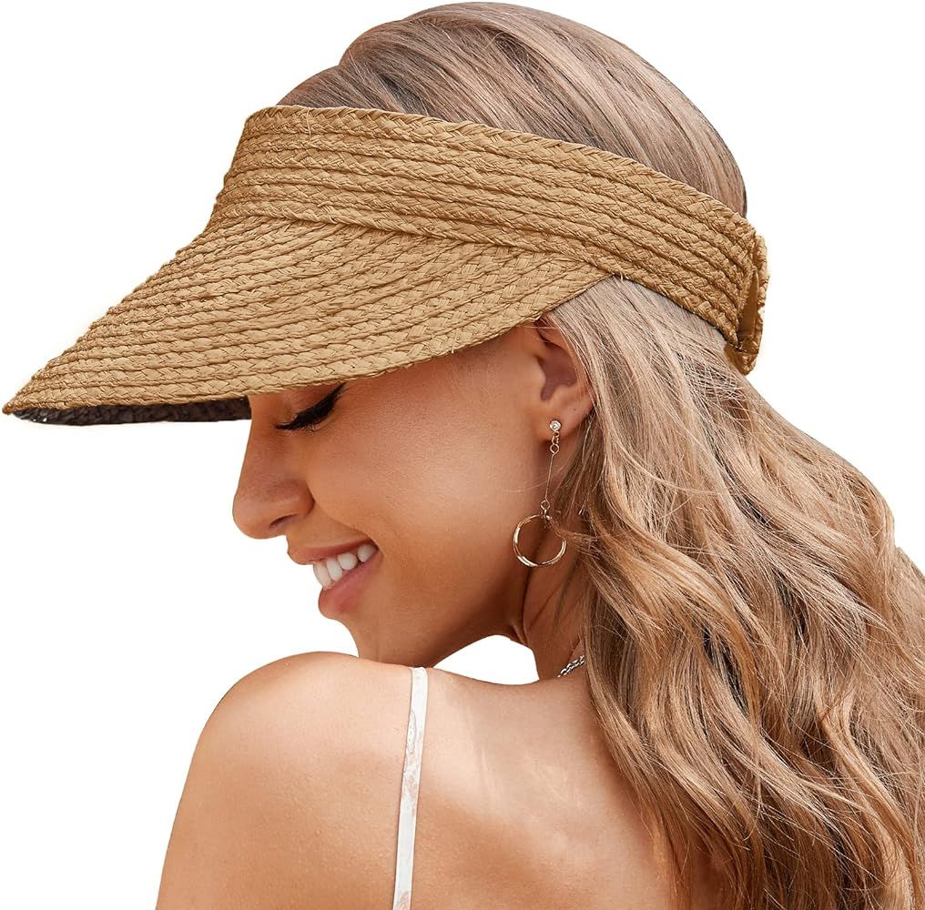 Straw Hats for Women, Visor Hats for Women Beach Hats for Women Sun Hat Womens Straw Hat Made of Nat | Amazon (US)