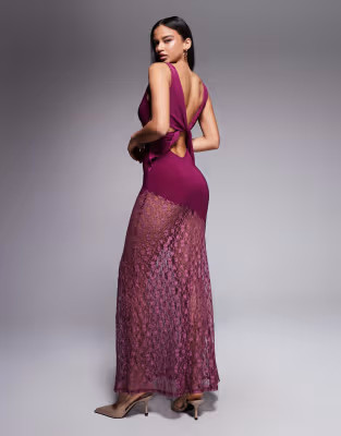 ASOS DESIGN lace mix slinky plunge maxi dress in plum | ASOS | ASOS (Global)