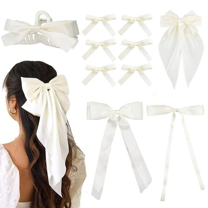 10PCS Silk Satin Hair Bows Clips - Long White Ribbon Barrettes for Women Girls Teens,Cute Aesthet... | Amazon (US)