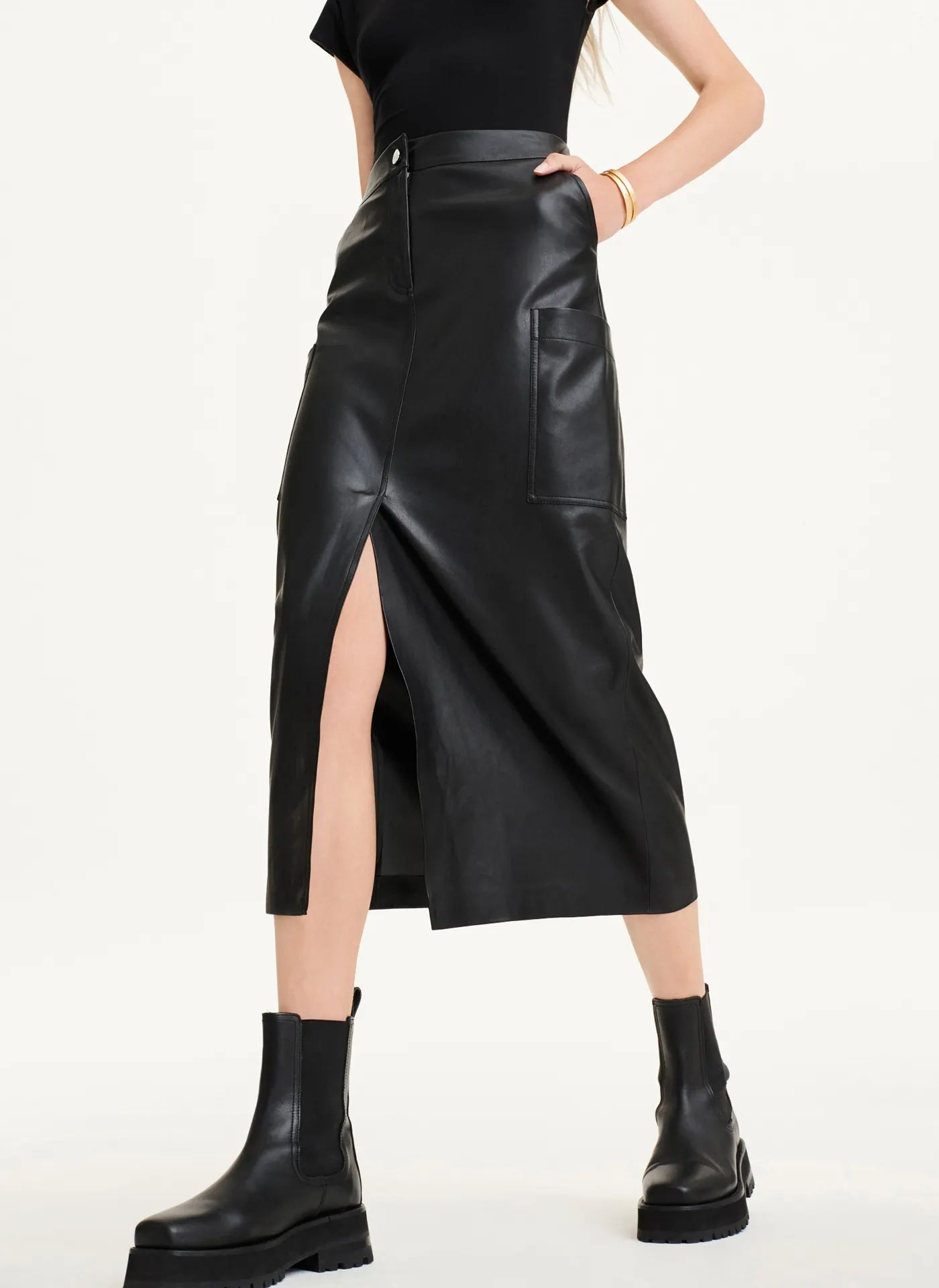 Faux Leather Midi Skirt With Cargo Pockets - DKNY | DKNY