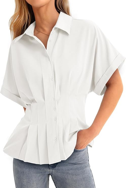 Cicy Bell Womens Pleated Button Down Blouse Summer Cuffed Short Sleeve Peplum Tops Casual Dressy ... | Amazon (US)